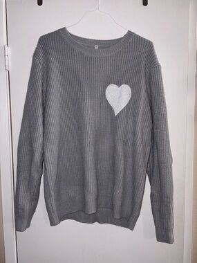 Gray Knit Sweater w/ White Heart Detail